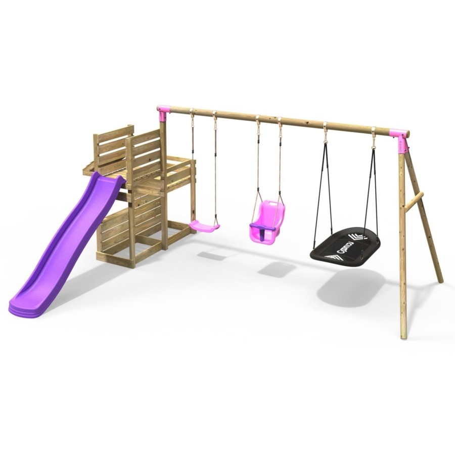 Swings OutdoorToys Wooden Swings | Rebo Wooden Swing Set With Deluxe Add On Deck & 8Ft Slide - Halley Pink