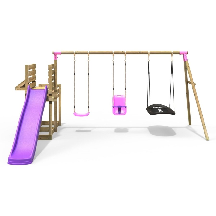 Swings OutdoorToys Wooden Swings | Rebo Wooden Swing Set With Deluxe Add On Deck & 8Ft Slide - Halley Pink