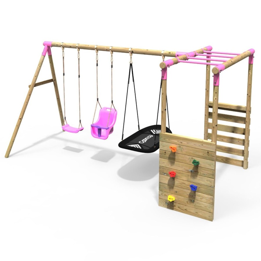 Swings OutdoorToys Wooden Swings | Rebo Wooden Garden Swing Set With Monkey Bars - Halley Pink