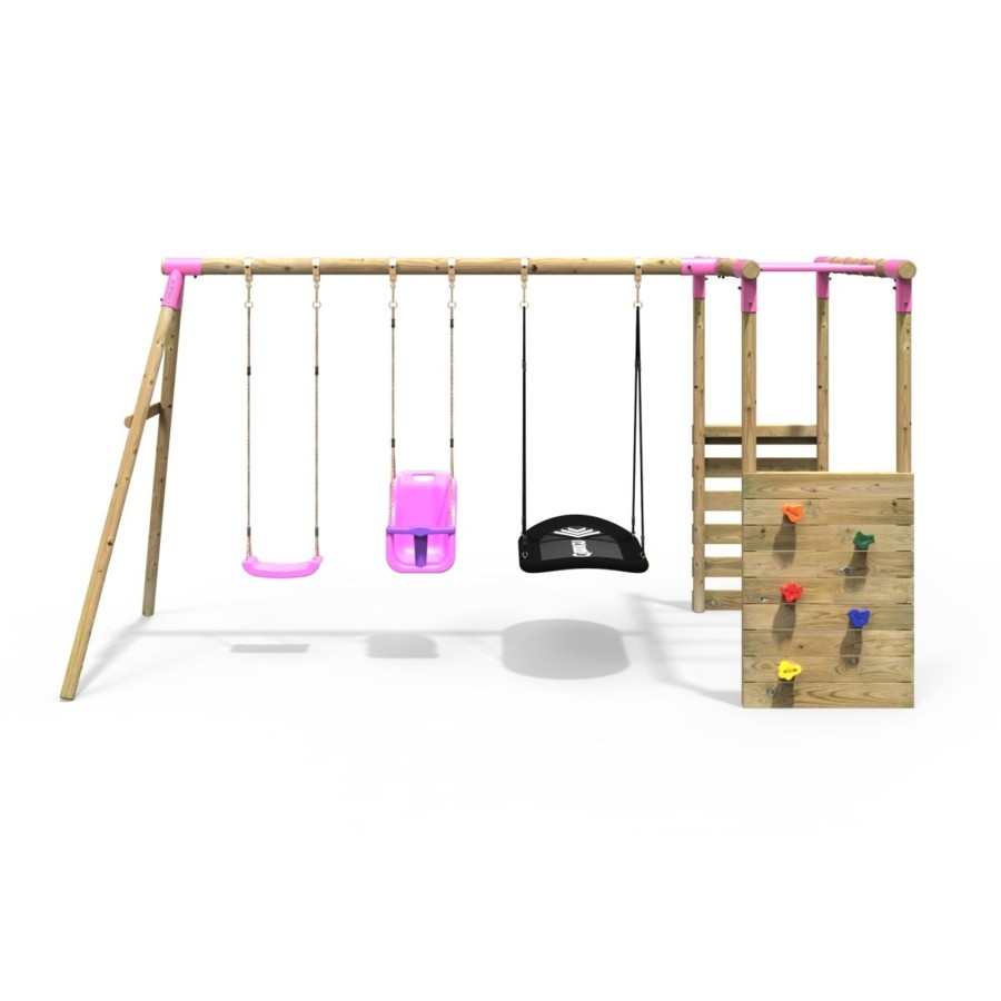 Swings OutdoorToys Wooden Swings | Rebo Wooden Garden Swing Set With Monkey Bars - Halley Pink