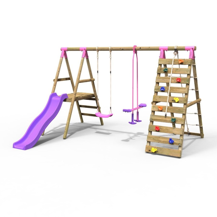 Swings OutdoorToys Wooden Swings | Rebo Wooden Swing Set With Deck, Slide & Climbing Wall - Obsidian Pink