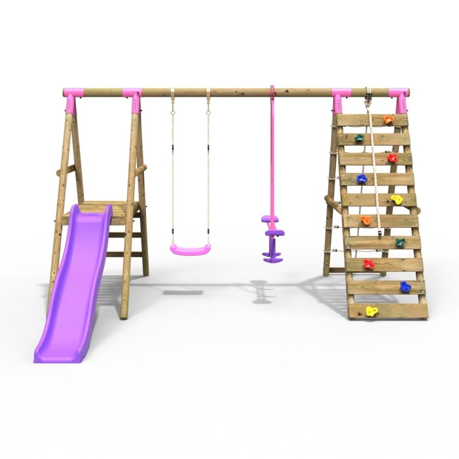 Swings OutdoorToys Wooden Swings | Rebo Wooden Swing Set With Deck, Slide & Climbing Wall - Obsidian Pink