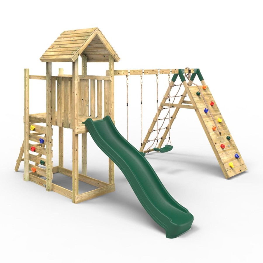 Climbing Frames OutdoorToys Climbing Frames With Rock Walls | Rebo Extended Tower Wooden Climbing Frame With Swings & Slide - Greenhorn