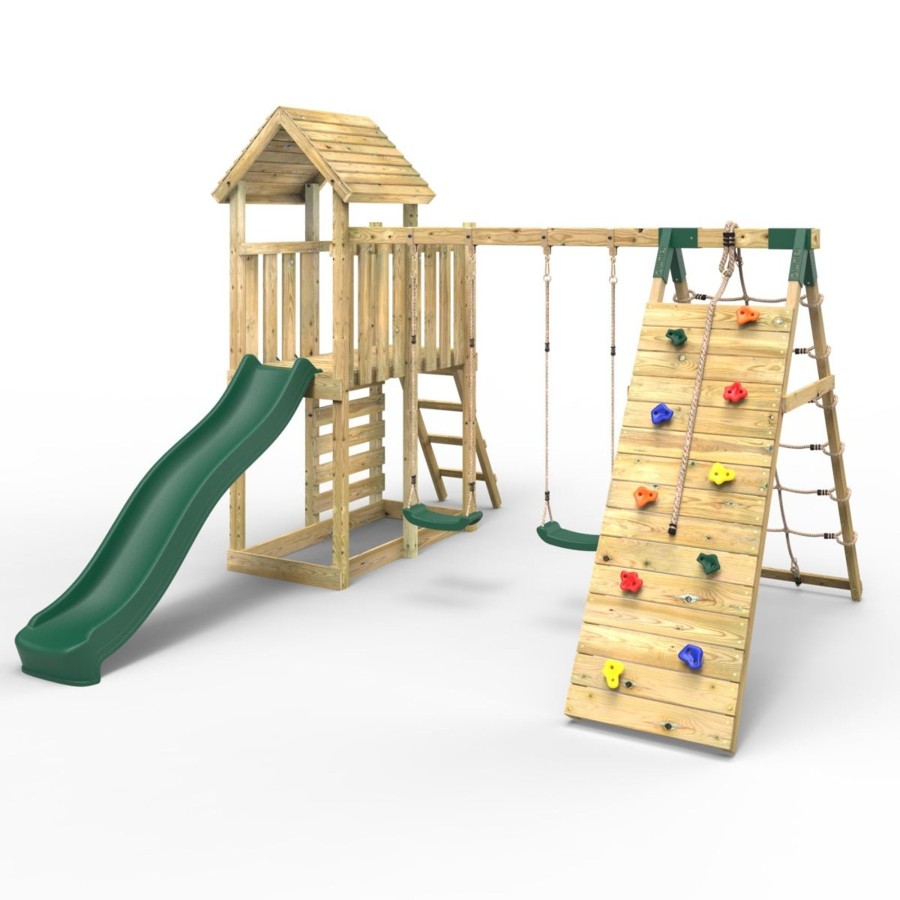 Climbing Frames OutdoorToys Climbing Frames With Rock Walls | Rebo Extended Tower Wooden Climbing Frame With Swings & Slide - Greenhorn