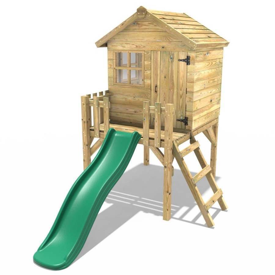 Playhouses OutdoorToys Playhouses With Slides | Rebo Orchard 4Ft X 4Ft Wooden Playhouse On 900Mm Deck + 6Ft Slide Swan D Green