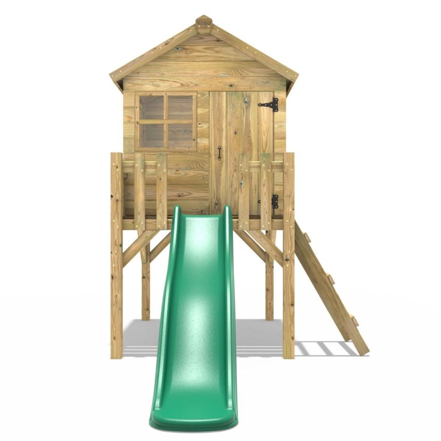 Playhouses OutdoorToys Playhouses With Slides | Rebo Orchard 4Ft X 4Ft Wooden Playhouse On 900Mm Deck + 6Ft Slide Swan D Green