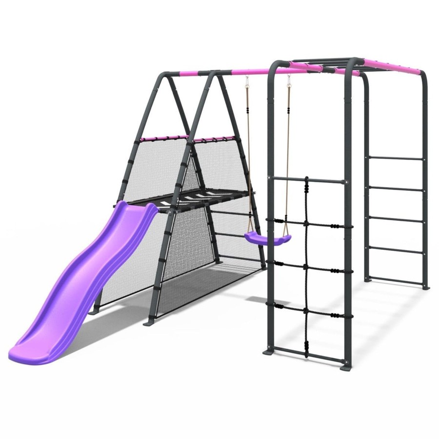 Swings OutdoorToys Metal Swing Sets | Rebo Steel Series Metal Swing Set + Monkey Bars & Slide - Single Pink