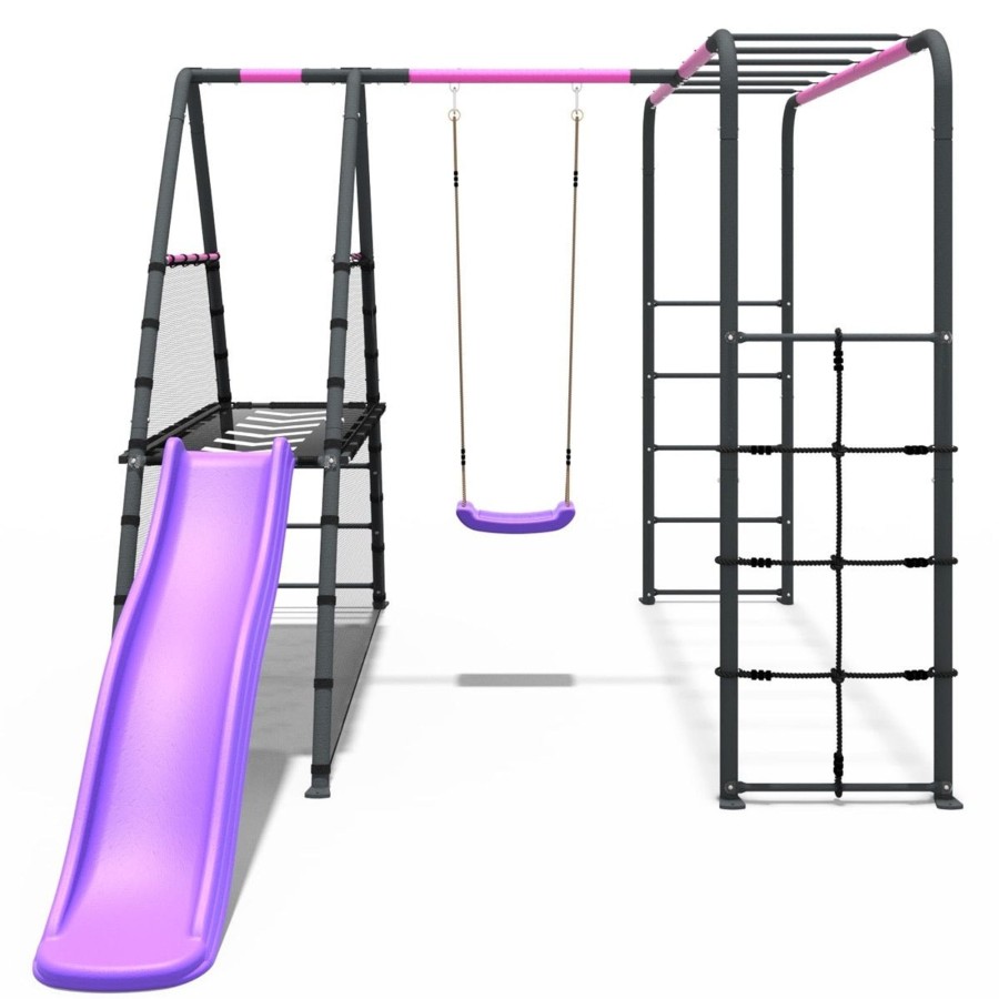 Swings OutdoorToys Metal Swing Sets | Rebo Steel Series Metal Swing Set + Monkey Bars & Slide - Single Pink