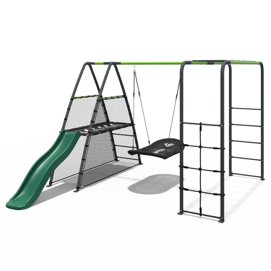 Swings OutdoorToys Metal Swing Sets | Rebo Steel Series Metal Swing Set + Monkey Bars & Slide - Boat Green