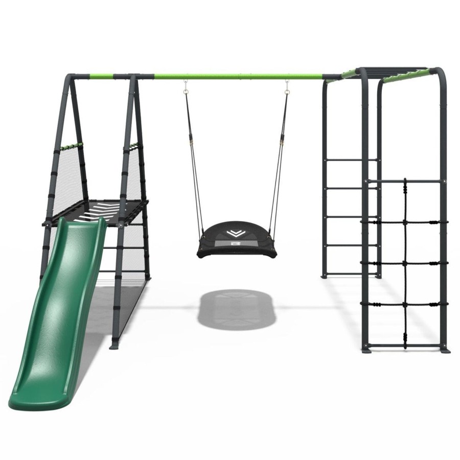 Swings OutdoorToys Metal Swing Sets | Rebo Steel Series Metal Swing Set + Monkey Bars & Slide - Boat Green