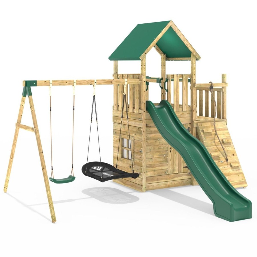 Climbing Frames OutdoorToys Climbing Frames With Rock Walls | Rebo Modular Wooden Climbing Frame Adventure Playset - M10 Double Swing