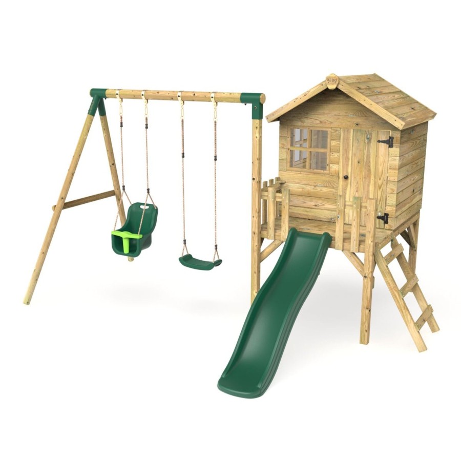 Playhouses OutdoorToys Playhouses With Slides And Swings | Rebo Orchard 4Ft X 4Ft Wooden Playhouse + Swings, 900Mm Deck & 6Ft Slide - Luna Green