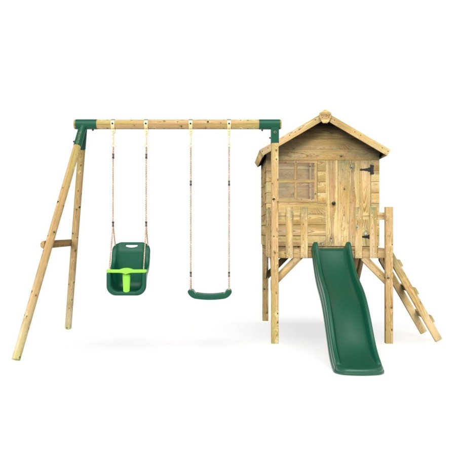 Playhouses OutdoorToys Playhouses With Slides And Swings | Rebo Orchard 4Ft X 4Ft Wooden Playhouse + Swings, 900Mm Deck & 6Ft Slide - Luna Green