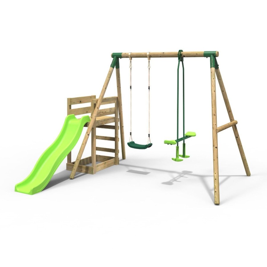 Swings OutdoorToys Wooden Swings | Rebo Wooden Swing Set Plus Deck & Slide - Star Green