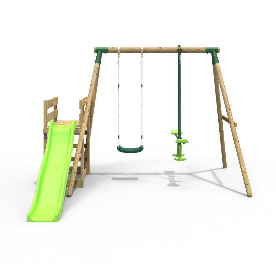 Swings OutdoorToys Wooden Swings | Rebo Wooden Swing Set Plus Deck & Slide - Star Green