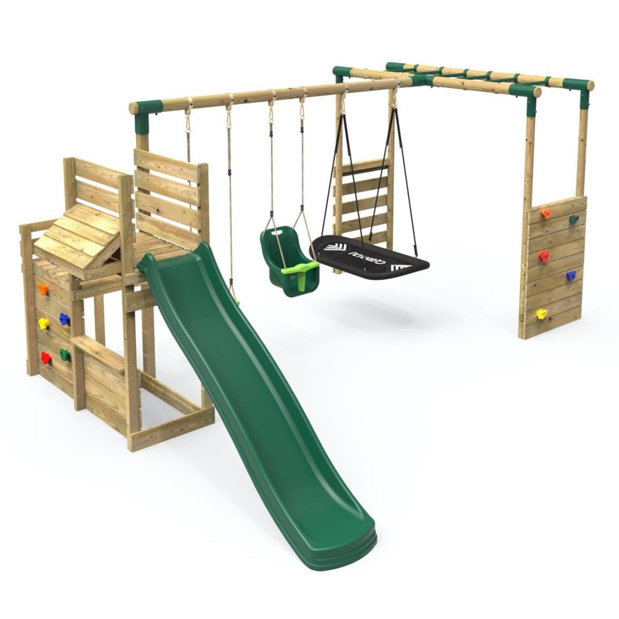 Swings OutdoorToys Wooden Swings | Rebo Wooden Swing Set Plus Deluxe Deck, 8Ft Slide & Monkey Bars - Halley Green