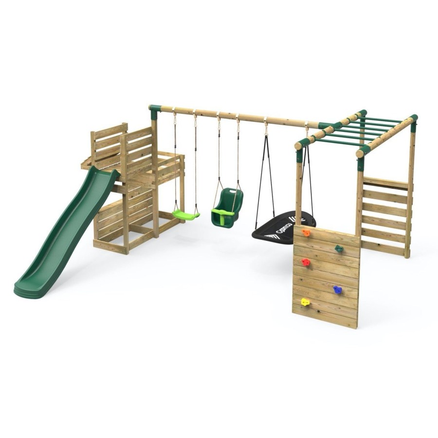 Swings OutdoorToys Wooden Swings | Rebo Wooden Swing Set Plus Deluxe Deck, 8Ft Slide & Monkey Bars - Halley Green