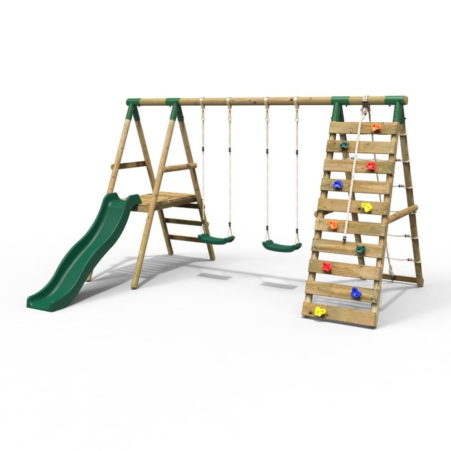 Swings OutdoorToys Wooden Swings | Rebo Wooden Swing Set With Deck, Slide & Climbing Wall - Jade Green