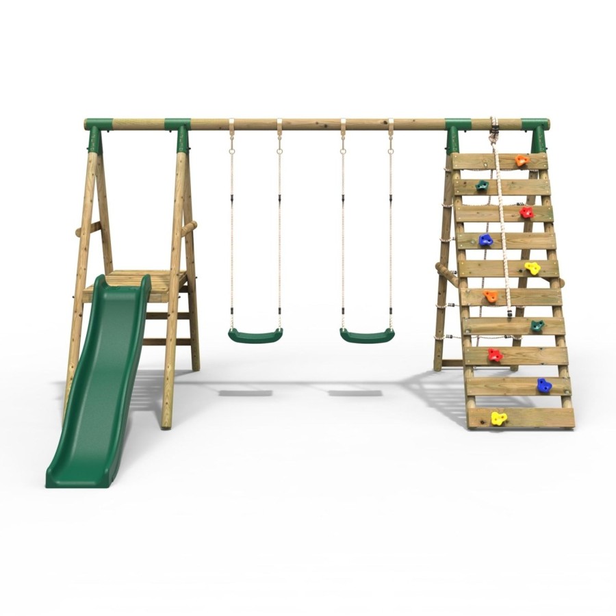 Swings OutdoorToys Wooden Swings | Rebo Wooden Swing Set With Deck, Slide & Climbing Wall - Jade Green