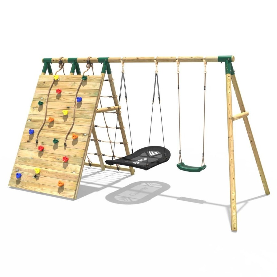 Swings OutdoorToys Wooden Swings | Rebo Beat The Wall Wooden Swing Set With Double Up & Over Climbing Wall Vertex