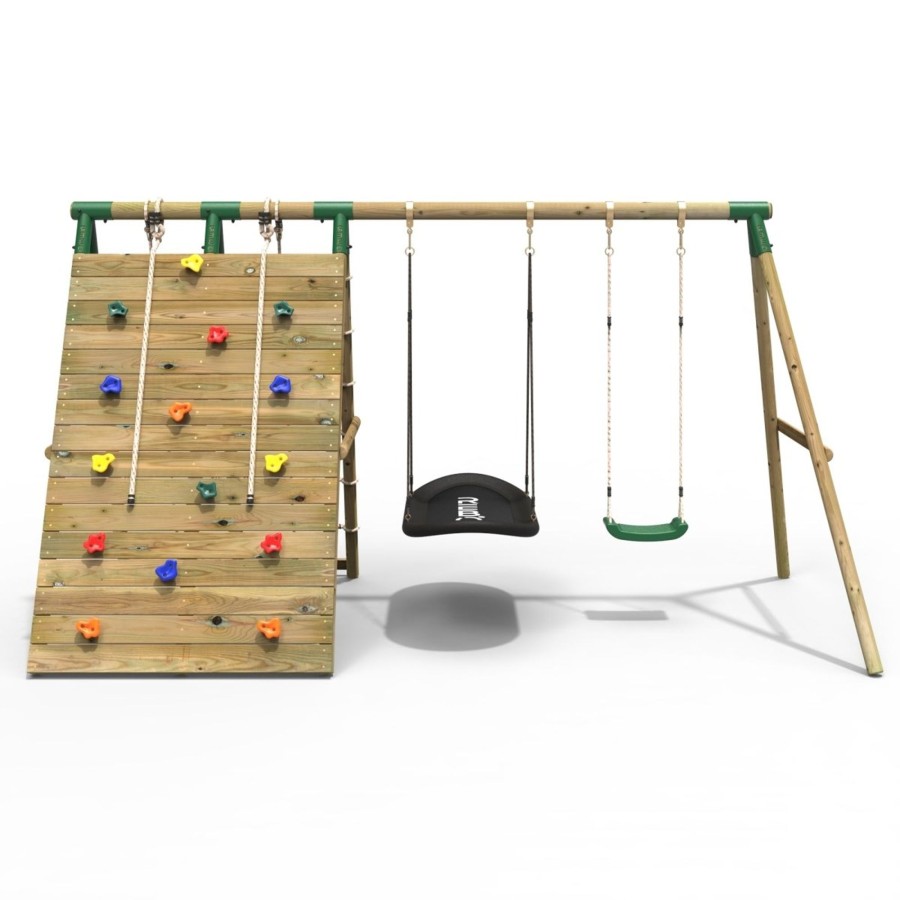 Swings OutdoorToys Wooden Swings | Rebo Beat The Wall Wooden Swing Set With Double Up & Over Climbing Wall Vertex