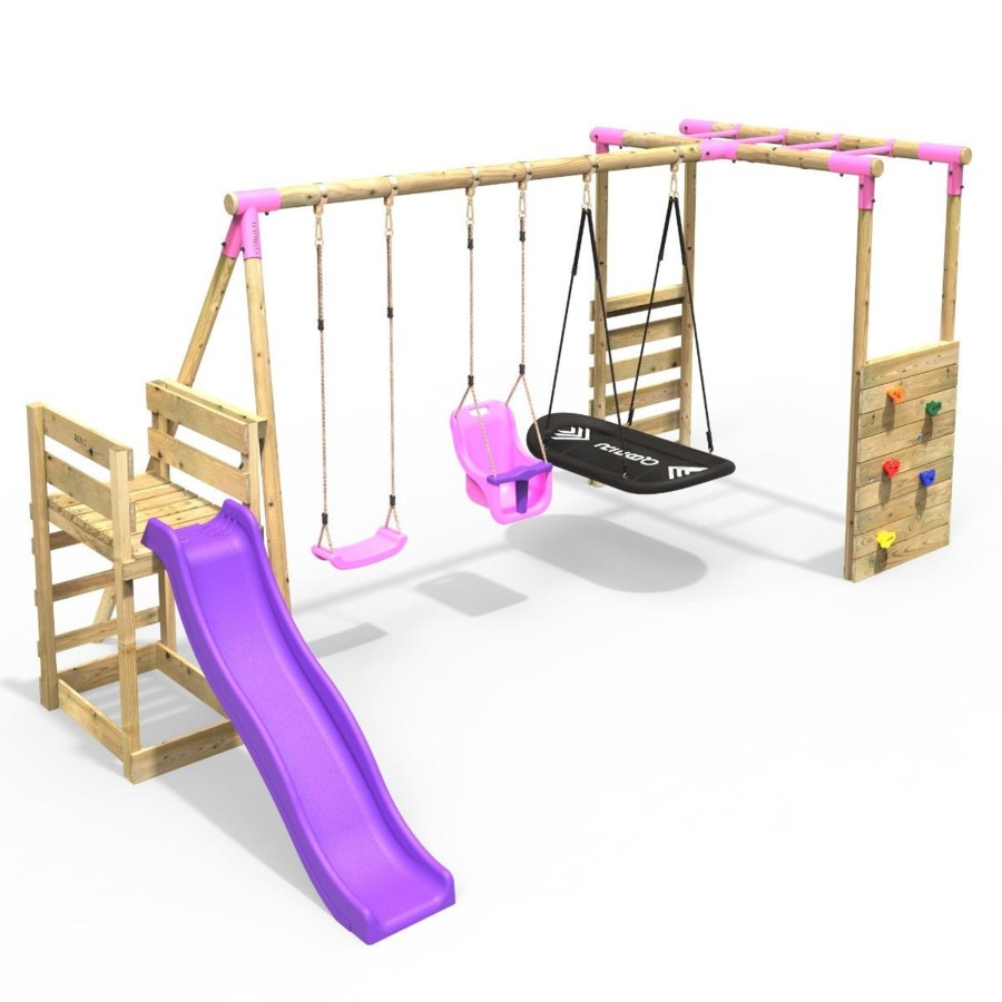 Swings OutdoorToys Wooden Swings | Rebo Wooden Swing Set With Monkey Bars Plus Deck & 6Ft Slide - Halley Pink