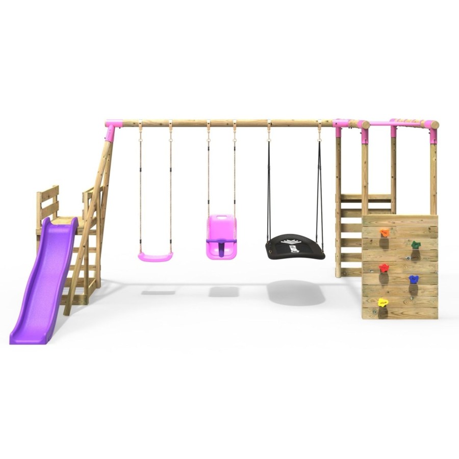 Swings OutdoorToys Wooden Swings | Rebo Wooden Swing Set With Monkey Bars Plus Deck & 6Ft Slide - Halley Pink