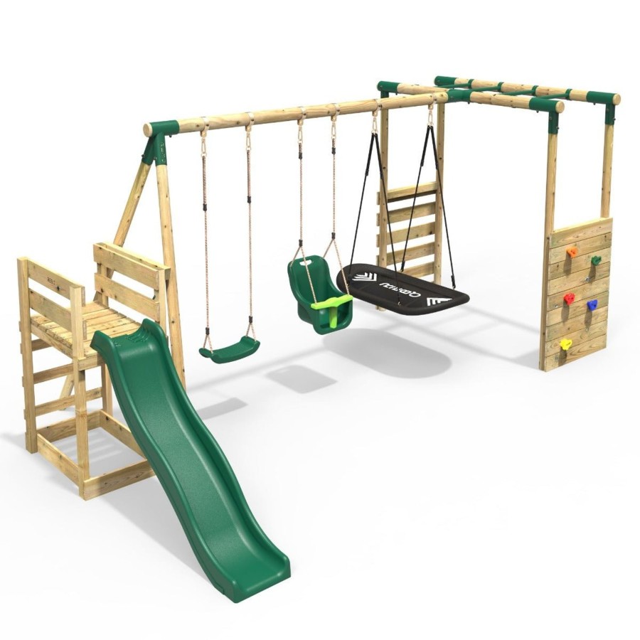 Swings OutdoorToys Wooden Swings | Rebo Wooden Swing Set With Monkey Bars Plus Deck & 6Ft Slide - Halley Green