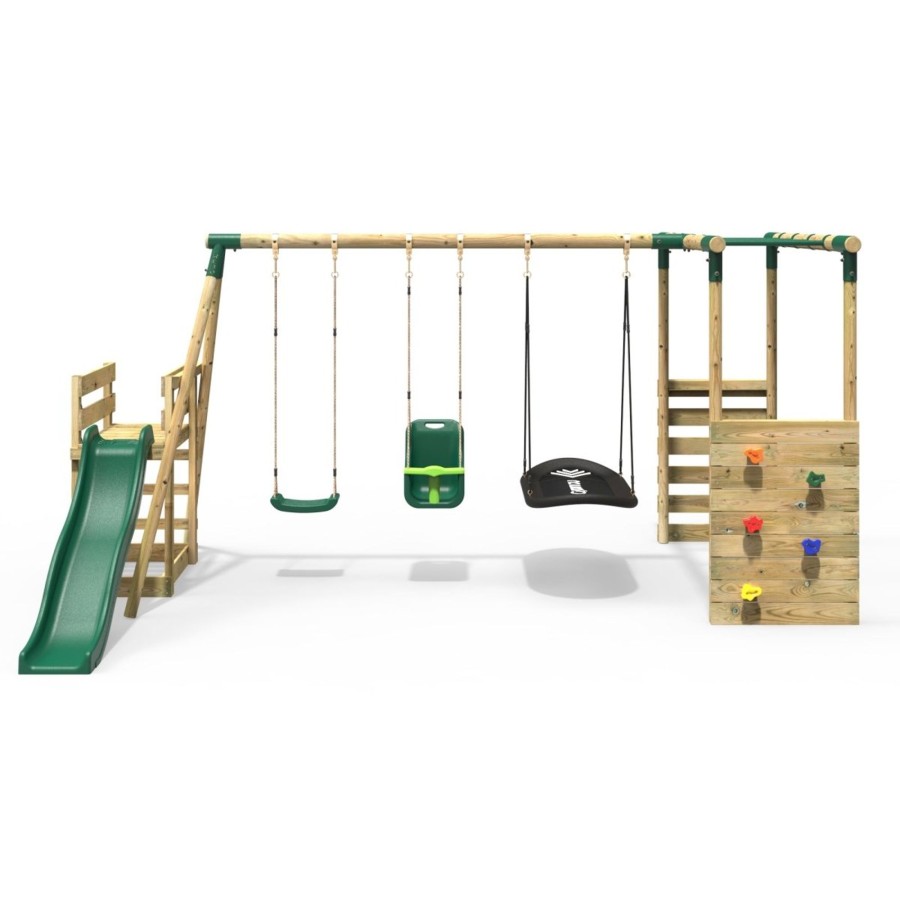 Swings OutdoorToys Wooden Swings | Rebo Wooden Swing Set With Monkey Bars Plus Deck & 6Ft Slide - Halley Green