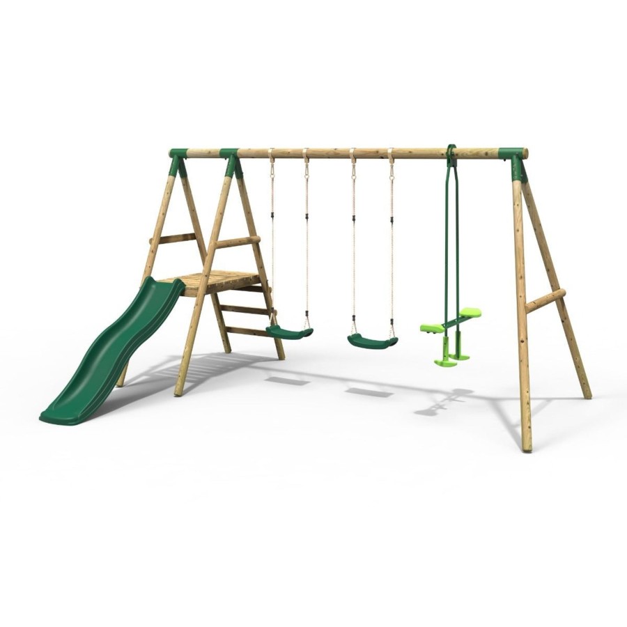 Swings OutdoorToys Swings & Slide Sets | Rebo Explorer Wooden Swing Set With Platform And Slide