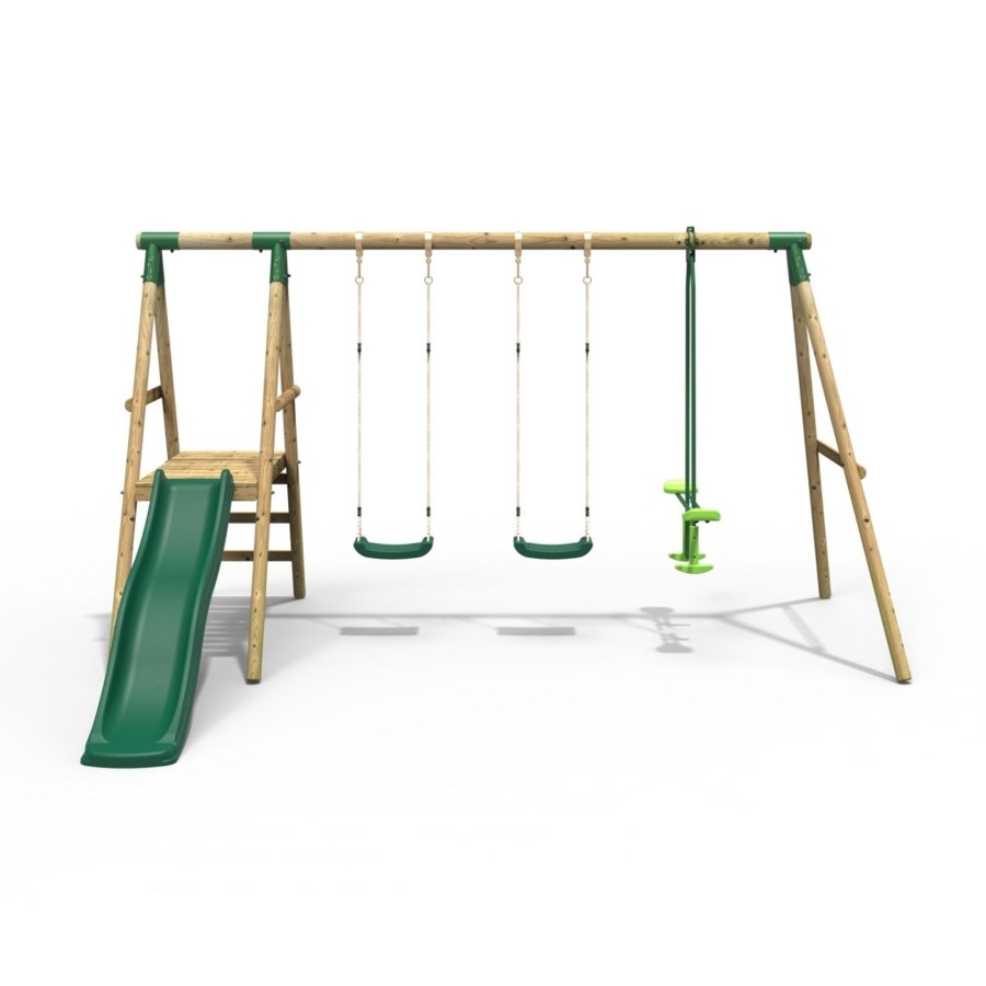 Swings OutdoorToys Swings & Slide Sets | Rebo Explorer Wooden Swing Set With Platform And Slide