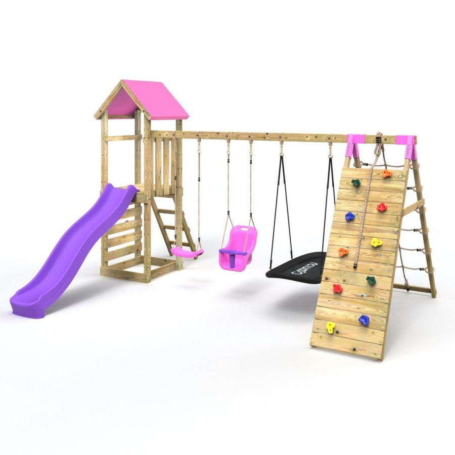 Climbing Frames OutdoorToys Climbing Frames With Swings | Rebo Challenge Wooden Climbing Frame With Swings, Slide And Up & Over Climbing Wall - Sanford Pink