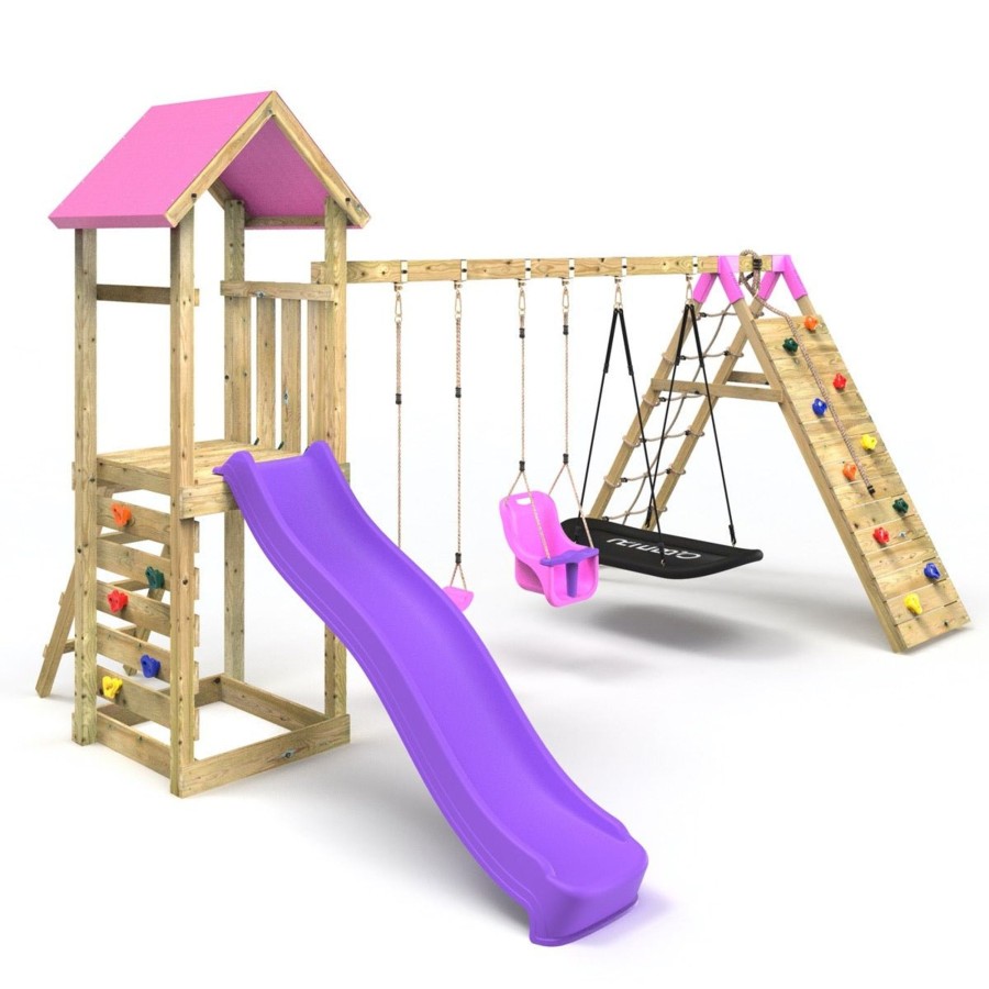 Climbing Frames OutdoorToys Climbing Frames With Swings | Rebo Challenge Wooden Climbing Frame With Swings, Slide And Up & Over Climbing Wall - Sanford Pink