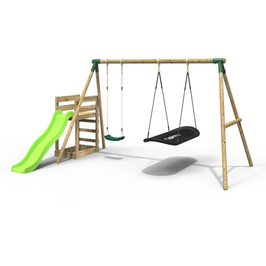 Swings OutdoorToys Wooden Swings | Rebo Wooden Swing Set Plus Deck & Slide - Meteorite Green