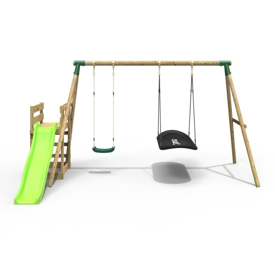 Swings OutdoorToys Wooden Swings | Rebo Wooden Swing Set Plus Deck & Slide - Meteorite Green