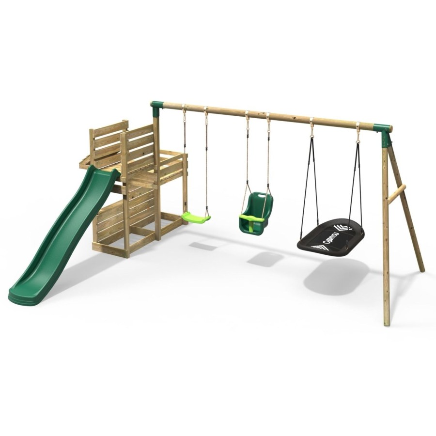 Swings OutdoorToys Wooden Swings | Rebo Wooden Swing Set With Deluxe Add On Deck & 8Ft Slide - Halley Green