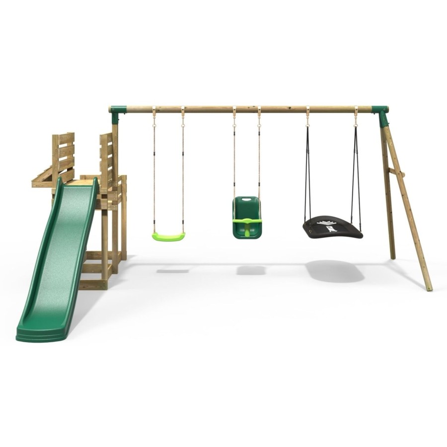 Swings OutdoorToys Wooden Swings | Rebo Wooden Swing Set With Deluxe Add On Deck & 8Ft Slide - Halley Green