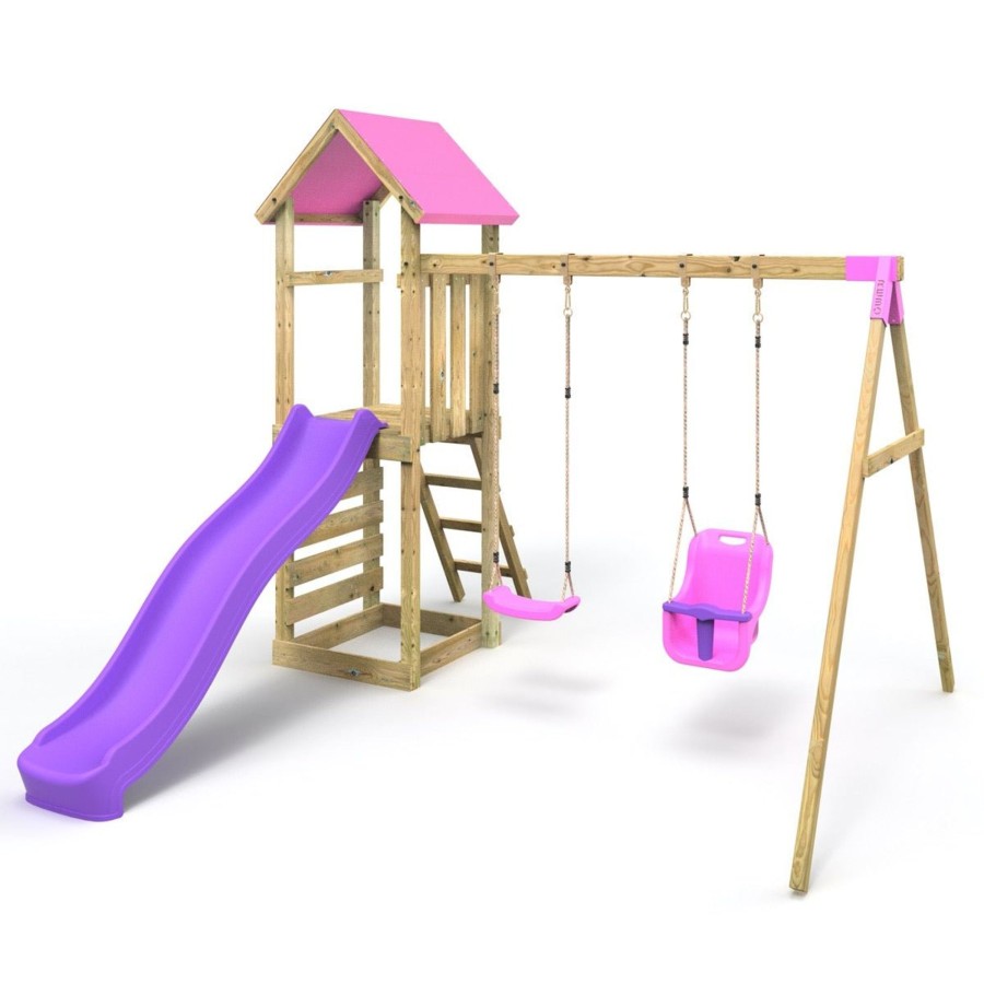 Climbing Frames OutdoorToys Climbing Frames With Rock Walls | Rebo Adventure Wooden Climbing Frame, Swing Set And Slide - Rainier Pink