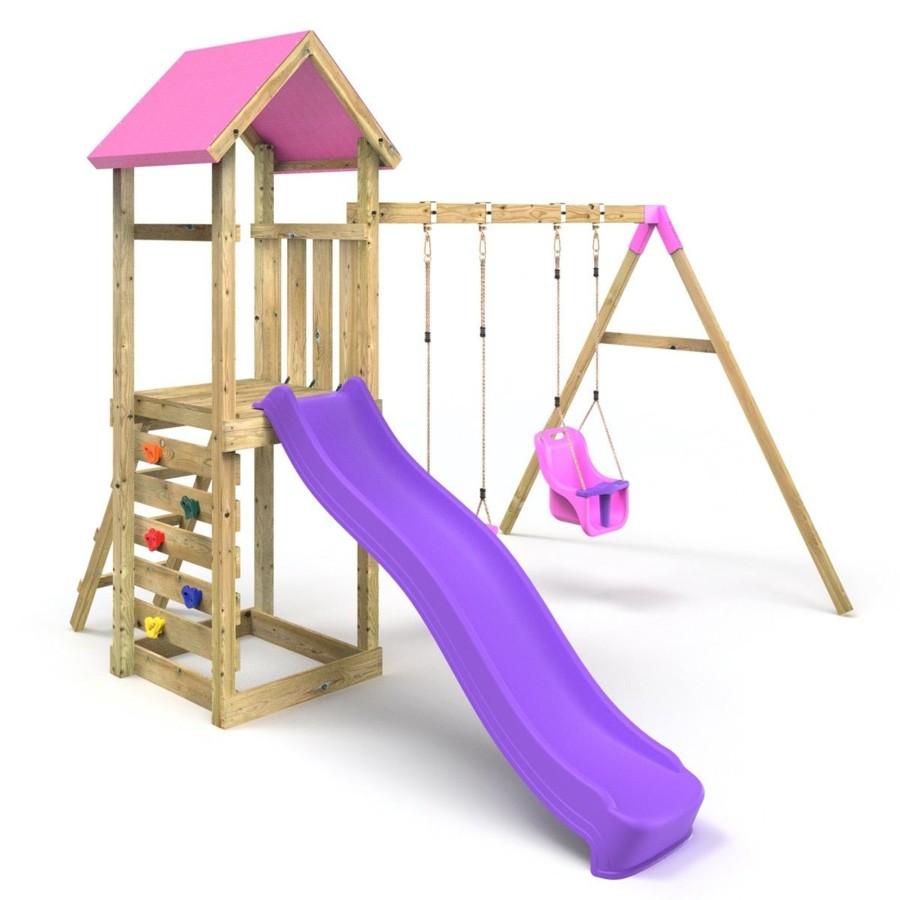 Climbing Frames OutdoorToys Climbing Frames With Rock Walls | Rebo Adventure Wooden Climbing Frame, Swing Set And Slide - Rainier Pink