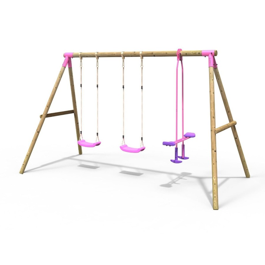 Swings OutdoorToys Wooden Swings | Rebo Wooden Triple Garden Swing Sets - Neptune Pink