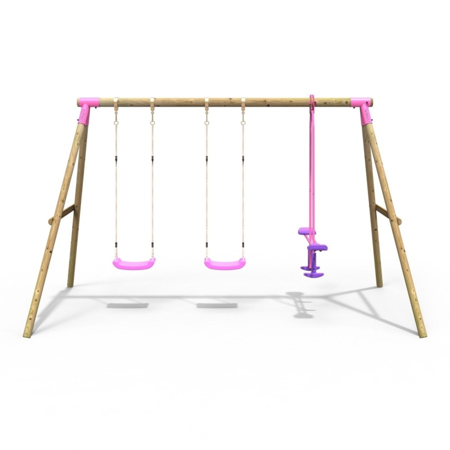 Swings OutdoorToys Wooden Swings | Rebo Wooden Triple Garden Swing Sets - Neptune Pink