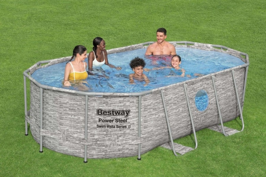 Swimming Pools OutdoorToys Steel Frame Pools | Bestway Power Steel Swim Vista Series 14Ft X 8Ft 2In X 39.5In Oval Pool Set With Filter Pump - Bw56714