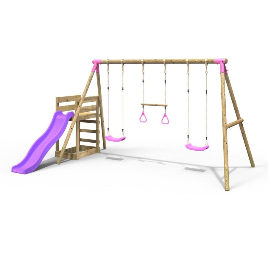 Swings OutdoorToys Wooden Swings | Rebo Wooden Swing Set Plus Deck & Slide - Comet Pink