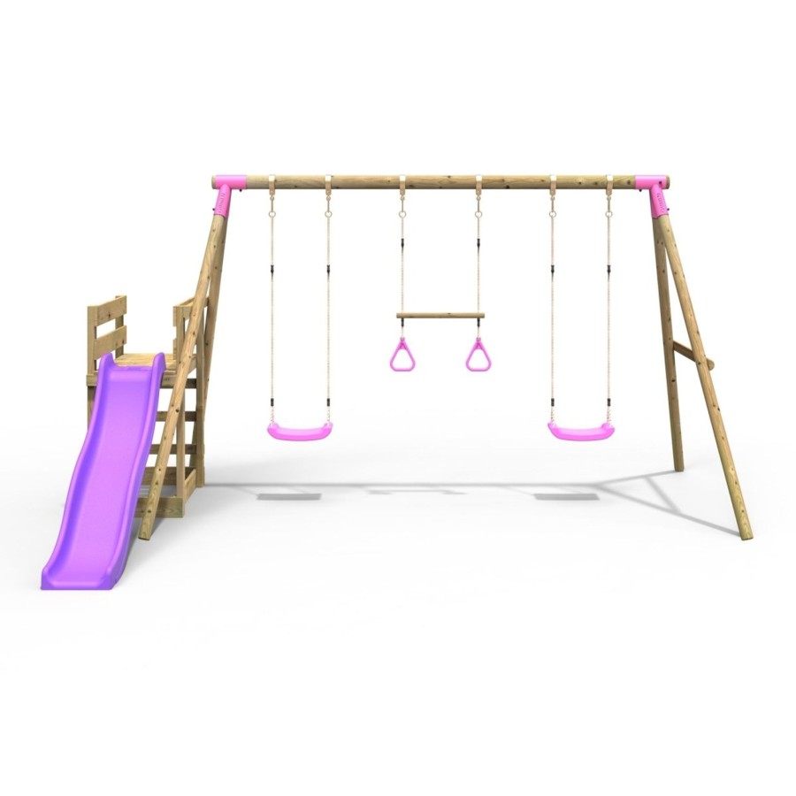 Swings OutdoorToys Wooden Swings | Rebo Wooden Swing Set Plus Deck & Slide - Comet Pink