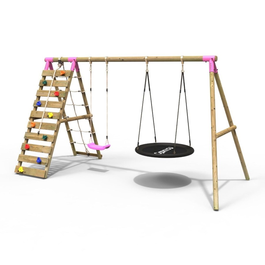 Swings OutdoorToys Wooden Swings | Rebo Wooden Swing Set With Up And Over Climbing Wall - Vale Pink