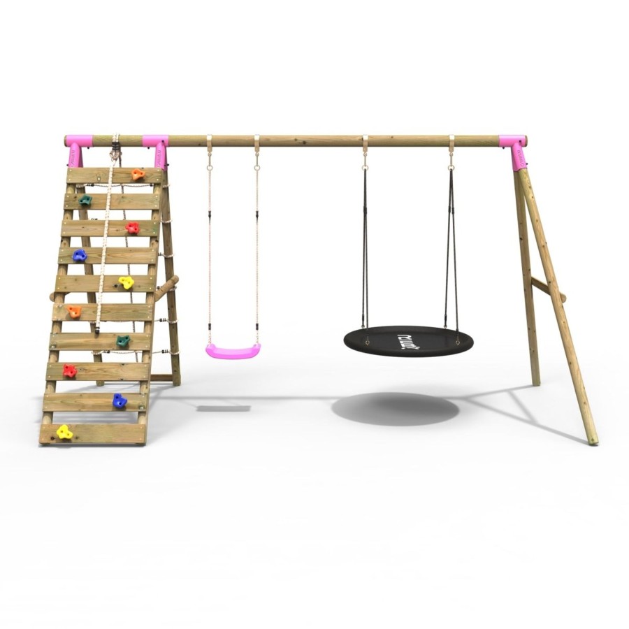 Swings OutdoorToys Wooden Swings | Rebo Wooden Swing Set With Up And Over Climbing Wall - Vale Pink