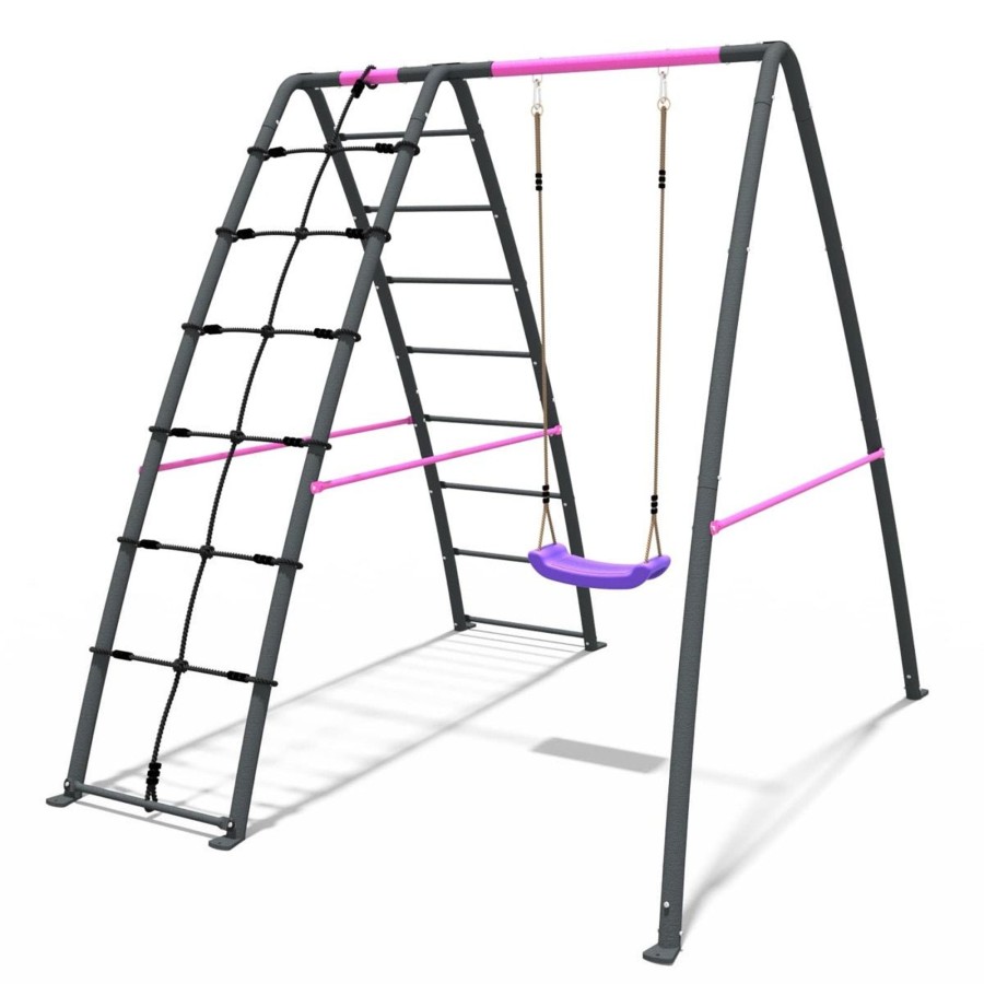 Swings OutdoorToys Metal Swing Sets | Rebo Steel Series Metal Swing Set With Up And Over Wall - Single Swing Pink