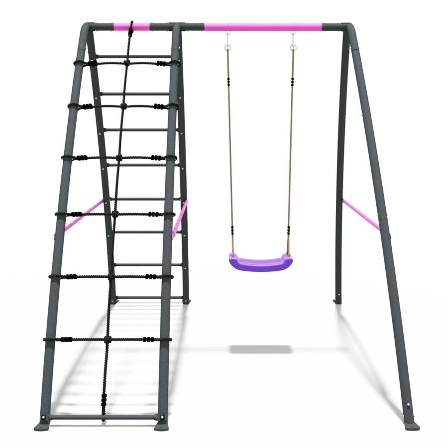 Swings OutdoorToys Metal Swing Sets | Rebo Steel Series Metal Swing Set With Up And Over Wall - Single Swing Pink