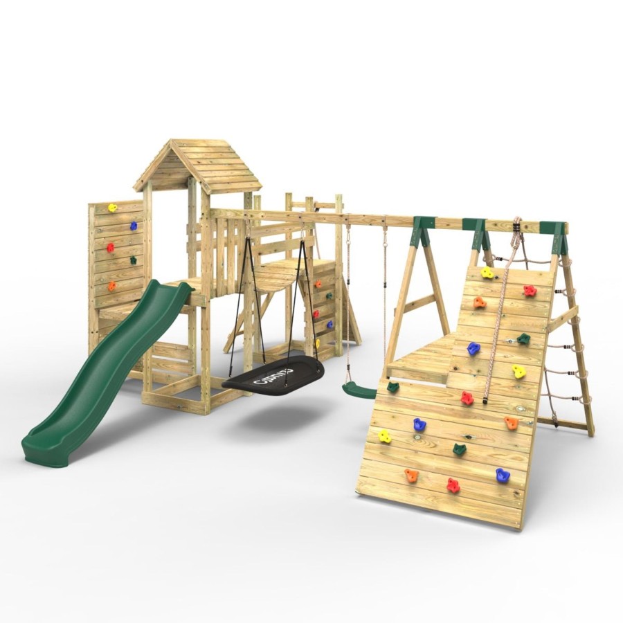 Climbing Frames OutdoorToys Climbing Frames With Rock Walls | Rebo Double Tower Climbing Frame With Flexible Bridge, Swing & Slide - Montana