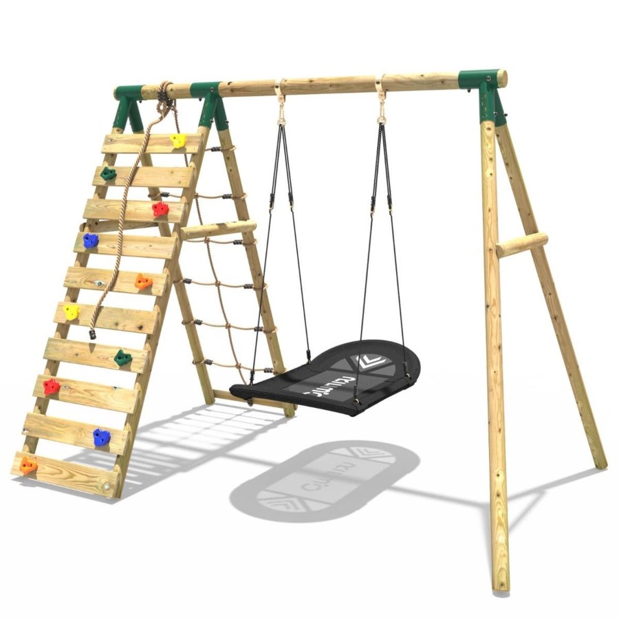 Swings OutdoorToys Wooden Swings | Rebo Wooden Swing Set With Up And Over Climbing Wall - Eden Green